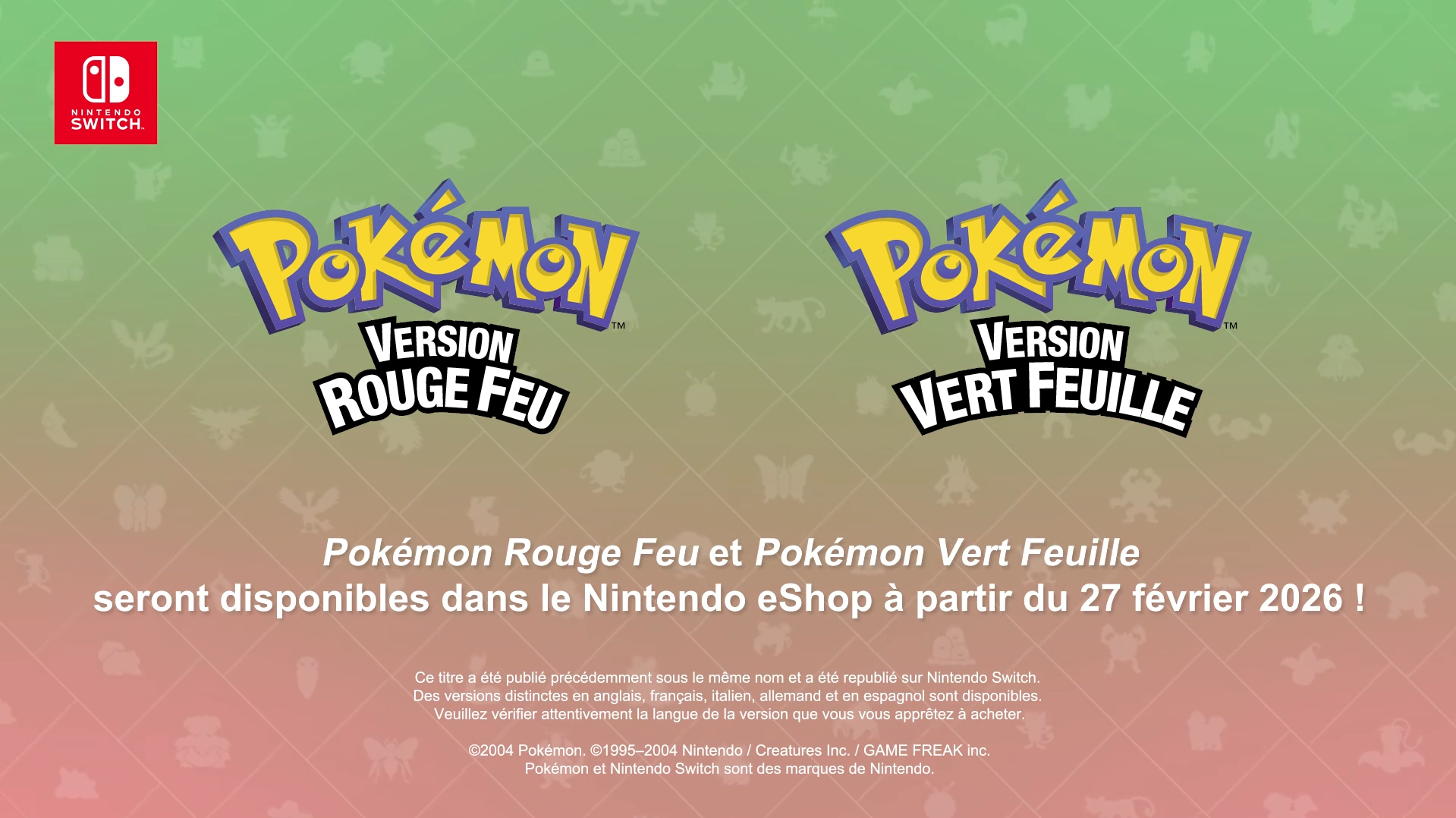 Pokémon Rouge Feu et Vert Feuille reviennent sur Switch