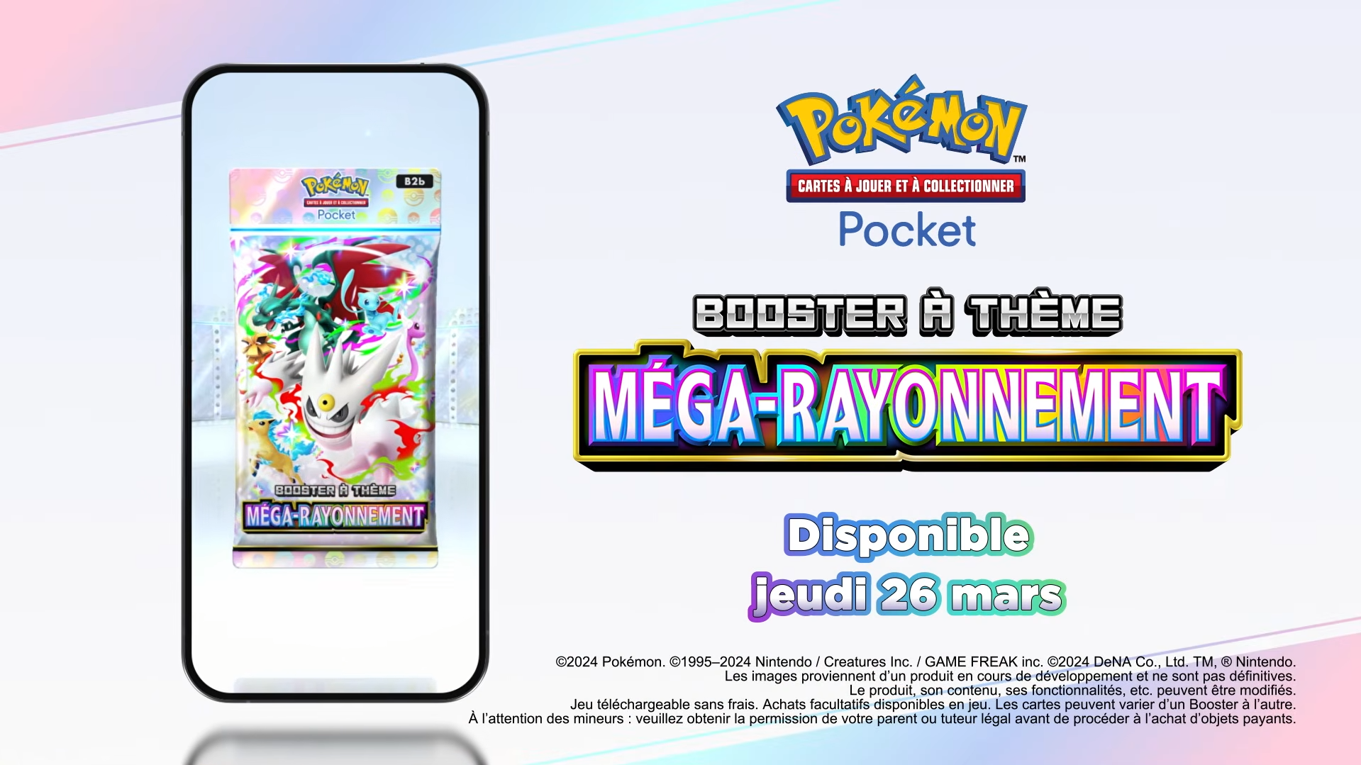 Le nouveau booster thématique du jeu de cartes à collectionner Pokémon Pocket, intitulé Méga-Rayonnement, sortira le 26 mars 2026.